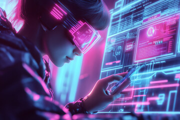 Naklejka premium futuristic scene featuring person wearing neon goggles, interacting with digital interface. vibrant colors and technology evoke sense of advanced innovation and excitement