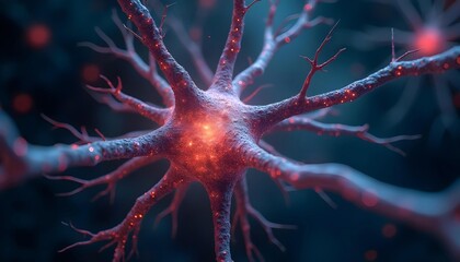 A close-up view of neural networks or synaptic connections, with glowing blue and orange nodes and lines, and a dark background