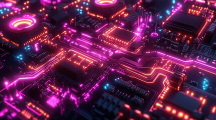 Obraz premium Abstract close-up of a vibrant, glowing circuit board with neon pink and orange lights.