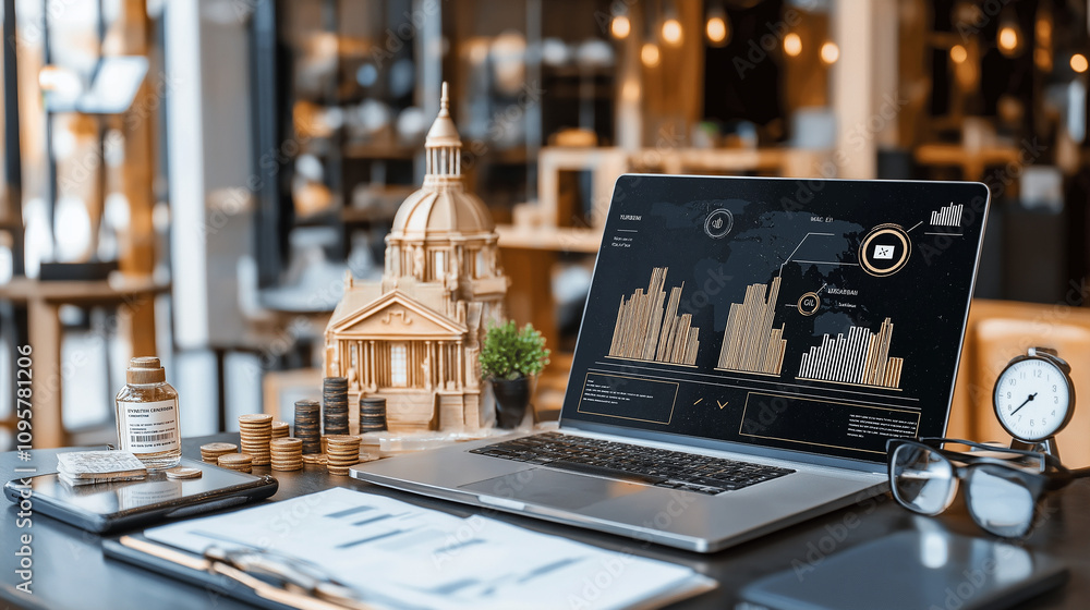 Aufkleber user analyzing financial data on laptop with charts and models