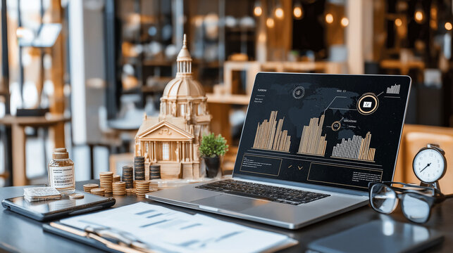 user analyzing financial data on laptop with charts and models