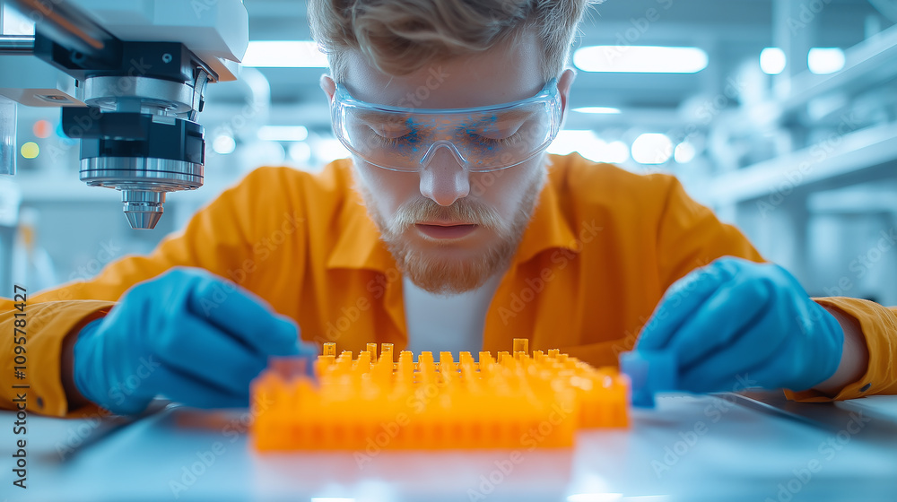 Aufkleber Engineer focused on assembling orange lab equipment with precision