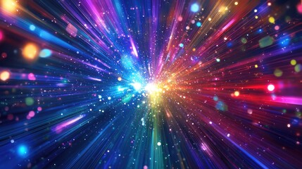 A DJastronaut at the center with beams of colorful lights radiating outward, creating a high-energy party atmosphere.