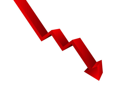 Decreasing concept. A 3D-style, zigzag-shaped, vibrant red arrow pointing downward against a clean white backdrop. For reduction or decline themes.