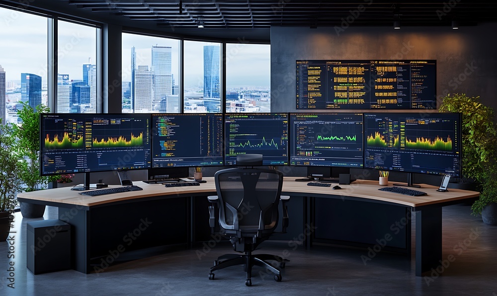 Poster a modern office workspace with multiple screens displaying data and analytics.