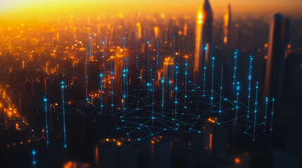 Fototapeta premium Smart digital city with connection Innovation network reciprocity over the sunset cityscape Concept of future wireless digital city and social media networking systems that connects business people