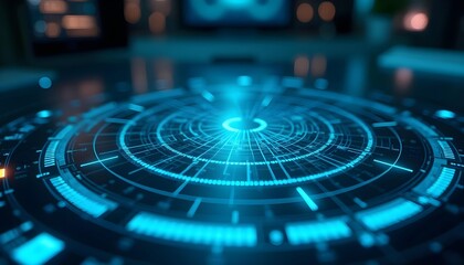 High tech radar or scanner displays with a futuristic feel, featuring concentric circular patterns and glowing blue lines,