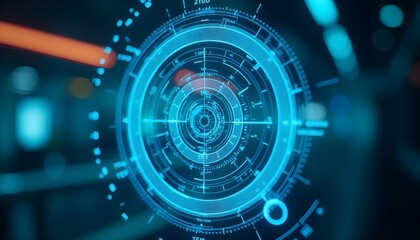 High tech radar or scanner displays with a futuristic feel, featuring concentric circular patterns and glowing blue lines,