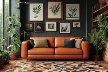 Leather sofa in a stylish living room. Perfect for interior design, home decor, and comfort themes.