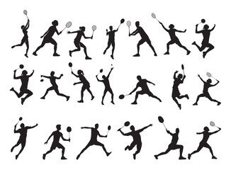 Badminton Illustration Clip Art Set, Sport Racket Sport Colorful Vector And Equipment Drawing, Unique Badminton Player Game Sportsman Silhouette Outline With Symbol Silhouette, Playing Team Sport Matc
