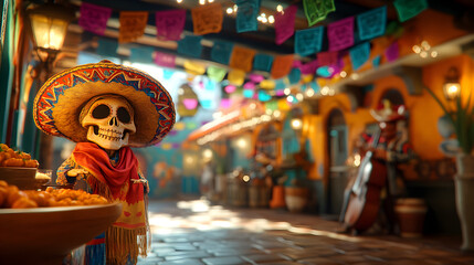 Obraz premium Colorful Mexican Festival: Skeleton Mariachi Player with Sombrero