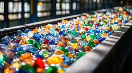 Colorful plastic bottles on conveyor belt. Illustrates plastic recycling process and waste management.