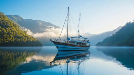 Obraz premium Serene Sailboat Anchored in Tranquil Bay Reflection