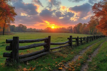 Obraz premium Beautiful sunrise over the meadow with a wooden fence and glowing light