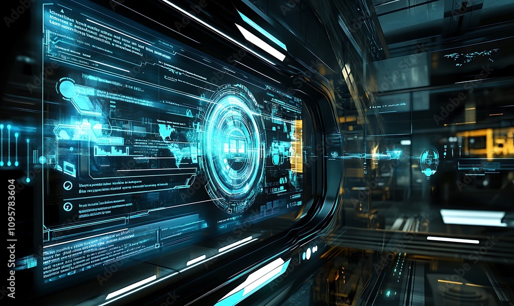 Poster futuristic interface displaying digital data and technology concepts in a sleek environment.