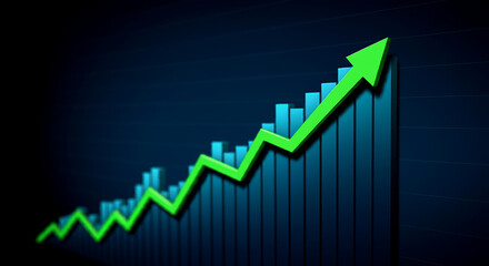 A green rising trend graph on a blue background signifies the expansion , prosperity , and profitable performance of a corporation  (2)