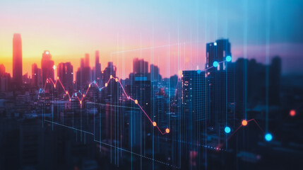 Obraz premium Smart digital city with connection Innovation network reciprocity over the sunset cityscape Concept of future wireless digital city and social media networking systems that connects business people