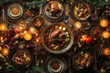 Luxurious holiday spread featuring beautifully arranged festive dinner table with roasted turkey, side dishes, and candles creating warm atmosphere