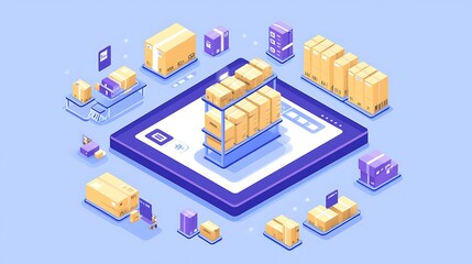 A digital illustration of stacked boxes and packages on a tablet, representing logistics.