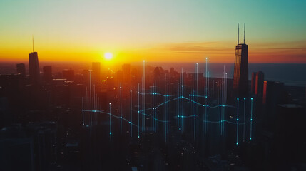 Fototapeta premium Smart digital city with connection Innovation network reciprocity over the sunset cityscape Concept of future wireless digital city and social media networking systems that connects business people