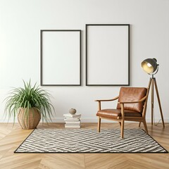 Minimalist living room with two large blank frames, a leather chair, tripod lamp, small plant, and a stack of books on a wooden floor with a geometric rug.