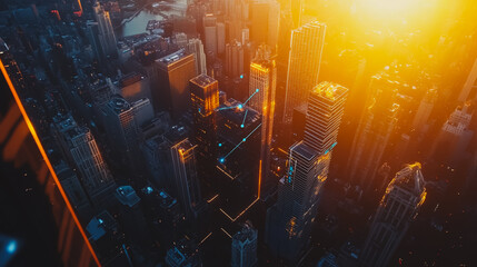Fototapeta premium Smart digital city with connection Innovation network reciprocity over the sunset cityscape Concept of future wireless digital city and social media networking systems that connects business people