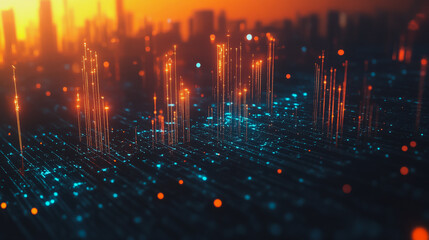 Fototapeta premium Smart digital city with connection Innovation network reciprocity over the sunset cityscape Concept of future wireless digital city and social media networking systems that connects business people