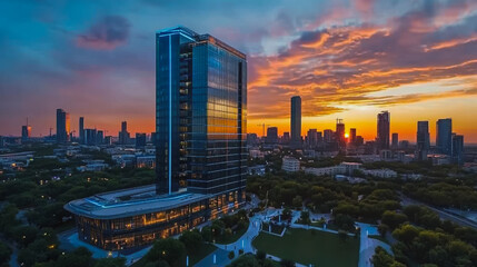 Fototapeta premium Smart digital city with connection Innovation network reciprocity over the sunset cityscape Concept of future wireless digital city and social media networking systems that connects business people