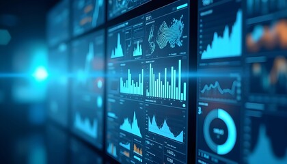 Display various graphics, charts, and data visualizations on a transparent screen with a blue and white background, utilizing advanced technology and data analysis,