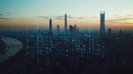 Fototapeta premium Smart digital city with connection Innovation network reciprocity over the sunset cityscape Concept of future wireless digital city and social media networking systems that connects business people