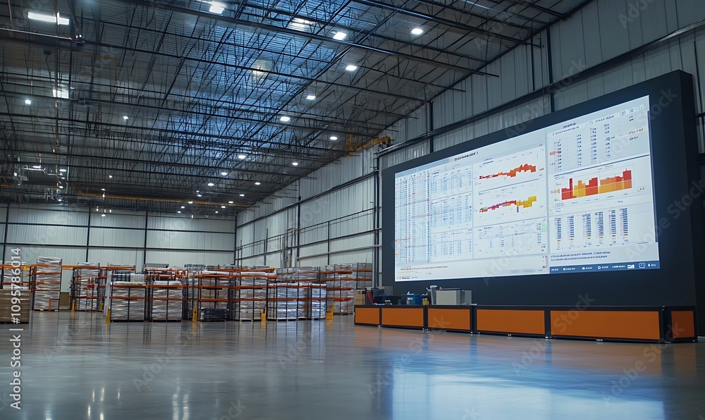 Poster a spacious warehouse with a large screen displaying data analytics and charts.