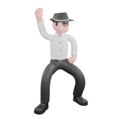 3D Producer Design. A Male producer stands, both legs open with his right hand clenched upwards and his left hand on his waist  Studio Style