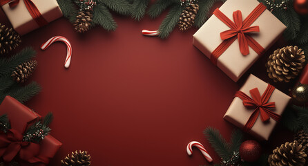 Red Christmas background with objects and space for text