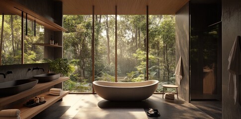 Modern bathroom with a freestanding bathtub and a view of a lush forest through large windows.