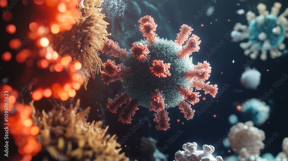 Poster close-up view of colorful virus particles and microscopic organisms in a dark environment, showcasin