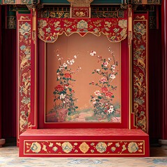 Obraz premium A traditional podium with floral and dragon patterns, framed by red silk and gold motifs, with an open space in the front to showcase a product.