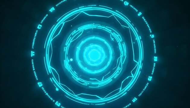 Glowing blue and cyan concentric circles and lines, abstract sci-fi patterns,