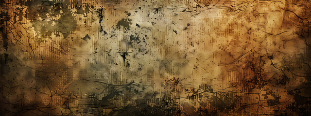 Obraz premium A textured abstract background featuring warm brown tones with intricate, dark markings and scratches, creating a rustic and aged effect.
