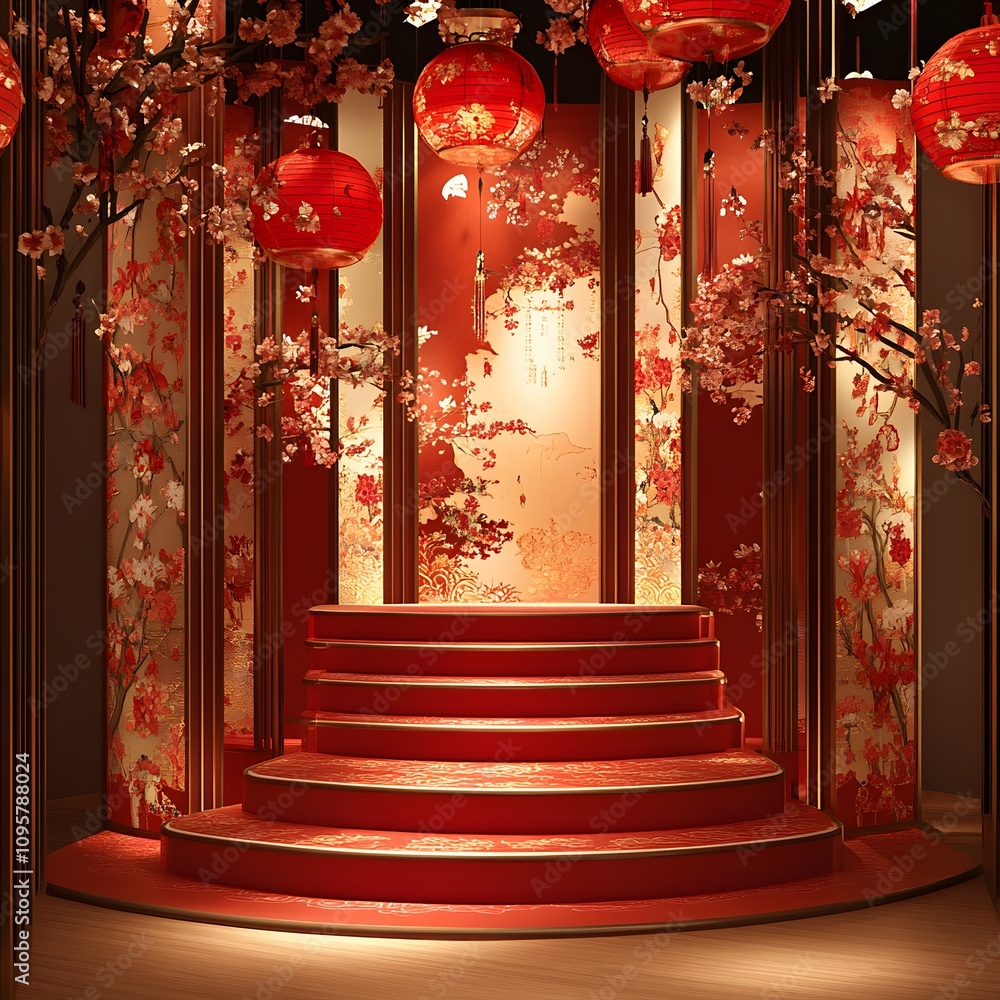 Poster a grand chinese new year podium adorned with intricate red and gold floral patterns, surrounded by h