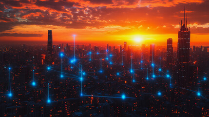 Fototapeta premium Smart digital city with connection Innovation network reciprocity over the sunset cityscape Concept of future wireless digital city and social media networking systems that connects business people