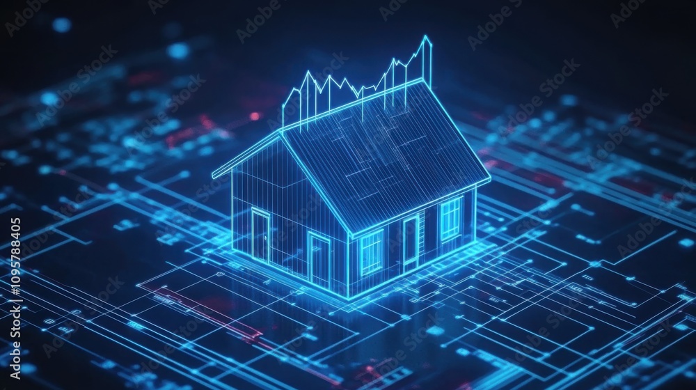 Poster futuristic blueprint of a house with digital elements illustrating smart home technology and archite