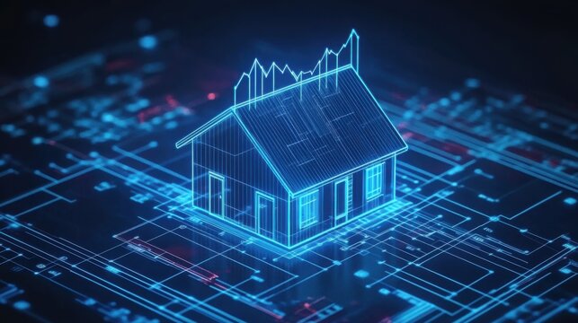 Futuristic Blueprint of a House with Digital Elements Illustrating Smart Home Technology and Architectural Design Concepts on a High-Tech Background