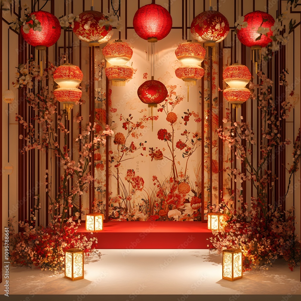 Poster a grand chinese new year podium adorned with intricate red and gold floral patterns, surrounded by h