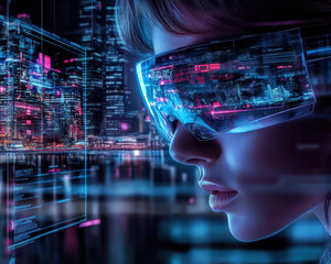 This striking image showcases a woman wearing advanced augmented reality glasses, surrounded by a vibrant, high-tech cityscape, symbolizing the future of technology and urban living.