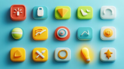 Colorful buttons with different application icons on blue background, top view.