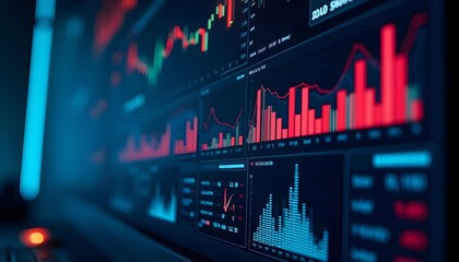 Abstract statistical big data, charts and analysis graphs, bright neon lights
