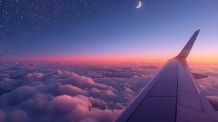 Airplane wing seen from the window with a pink sunset over fluffy clouds and a crescent moon in the sky.