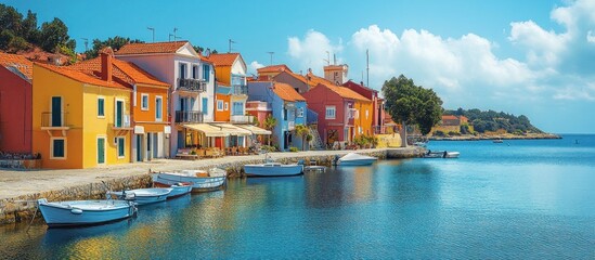 Obraz premium A picturesque coastal town with colorful houses lining the waterfront, boats bobbing in the clear blue water, and a backdrop of lush greenery and a bright blue sky.