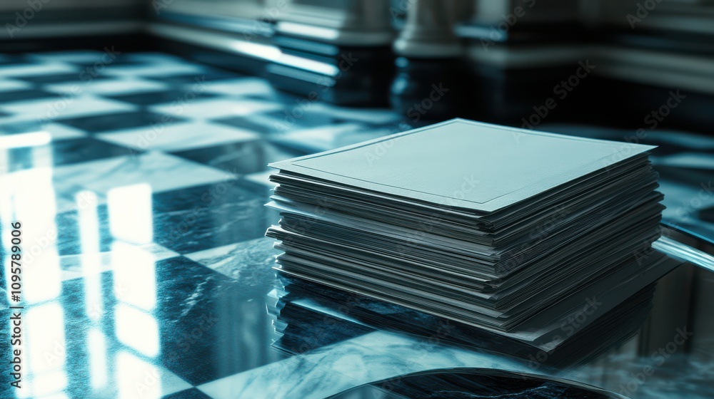 Poster stacked blank papers on a marble floor with checkerboard pattern in an elegant setting, highlighting