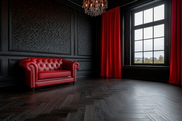 Fototapeta premium A Gothic-style apartment with dark wooden furniture, deep red curtains, and ornate chandeliers casting moody light